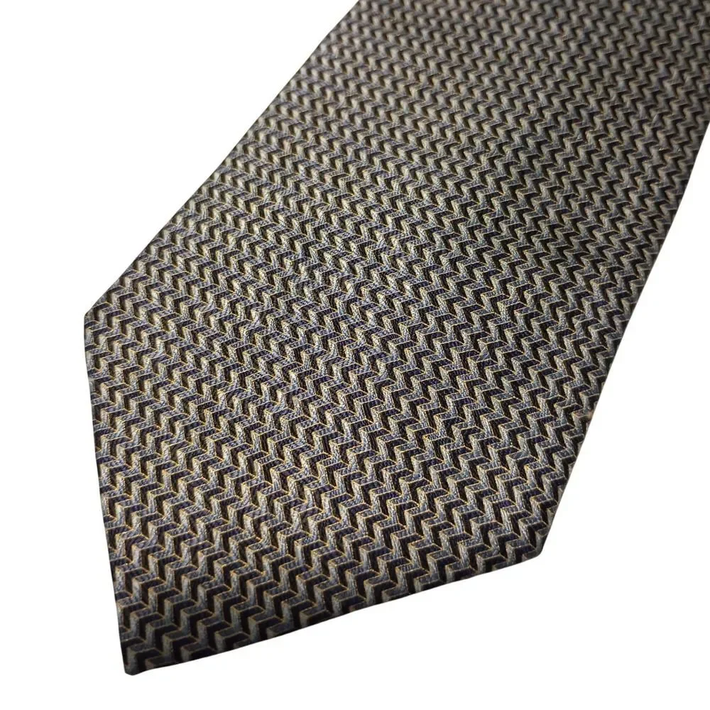 Domani Mens Silk Necktie Grey Gold‎ Navy Blue Chevron Geometric Pattern Korea